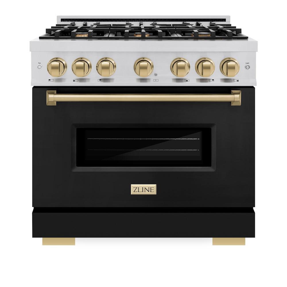 ZLINE Autograph Edition 36 in. 5.2 cu. ft. Classic Dual Fuel Range with 6 Burner Gas Cooktop and Electric Convection Oven in Stainless Steel with Black Matte Door and Champagne Bronze Accents (CDRZ-BLM-36-CB)