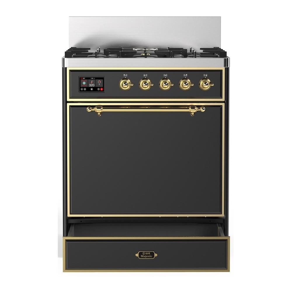 ILVE UM30QNR3MGG Majestic III 30 inch Dual Fuel Range with 5 Black Brass Burners, Dual Function Burner up to 25,000 BTU (Natural Gas, Solid Door, Graphite Matte, Brass)