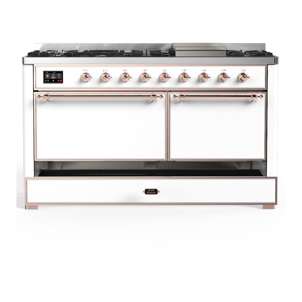 ILVE UM60FQNR3WHP Majestic III 60 inch Dual Fuel Range with 9 Burners and Griddle, Dual Function Burner up to 25,000 BTU (Natural Gas, Solid Door, White, Copper)