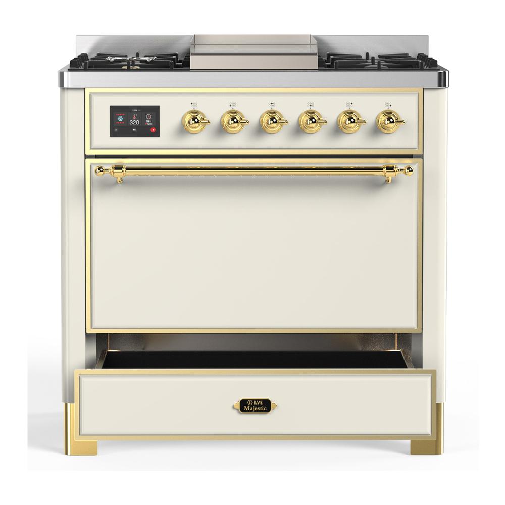 ILVE UM36FQNR3AWG Majestic III 36 inch Dual Fuel Range with 6 Black Brass Burners and Griddle, Dual Function Burner up to 25,000 BTU (Solid Door, Antique White, Brass, Natural Gas)
