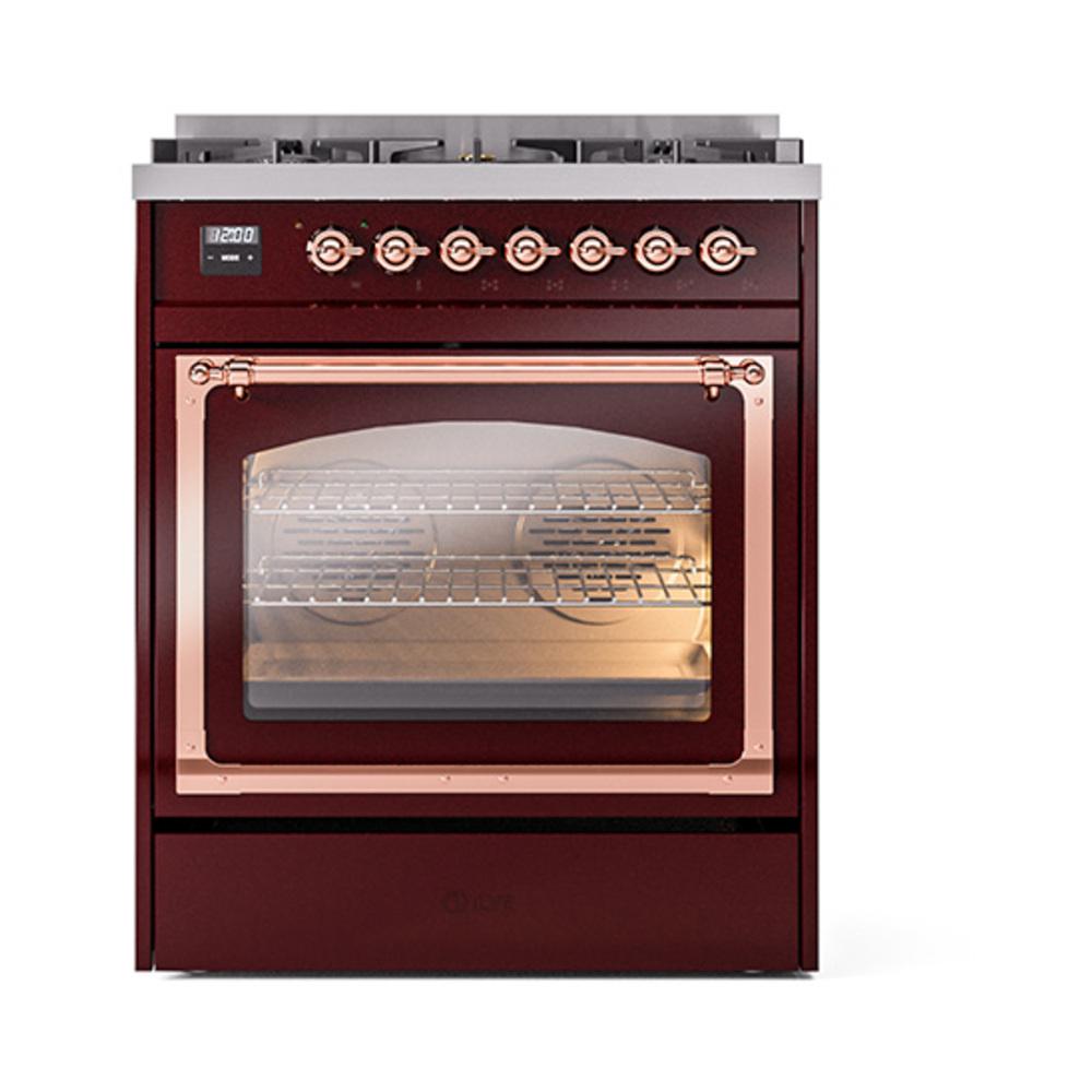 ILVE UN30NMPBUPLP Nostalgie II Noblesse 30 inch Dual Fuel Range (Liquid Propane, Triple Glass Door, Burgundy, Copper)