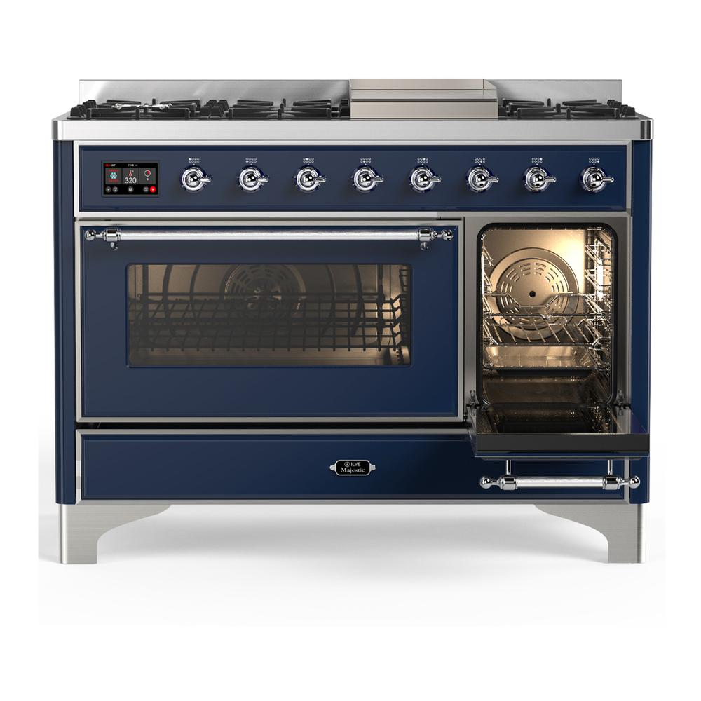 ILVE UM48FNR3MBCLP Majestic III 48 inch Dual Fuel Range with 8 Burners and Griddle, Dual Function Burner up to 25,000 BTU (Liquid Propane, Triple Glass Door, Midnight Blue, Chrome)