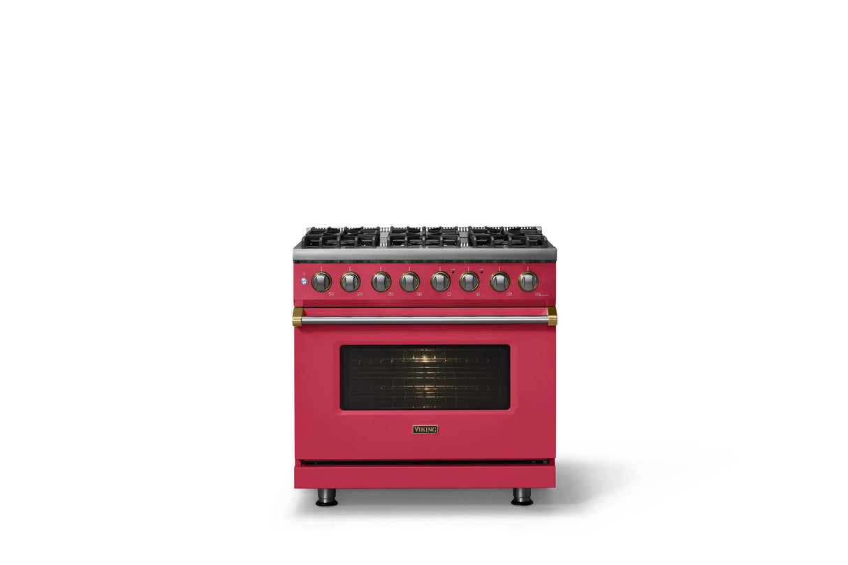 36"W. Dual Fuel Range (Burner: 6b, Finish: Valentine, Trim: Polished Chrome, Fuel: Propane)