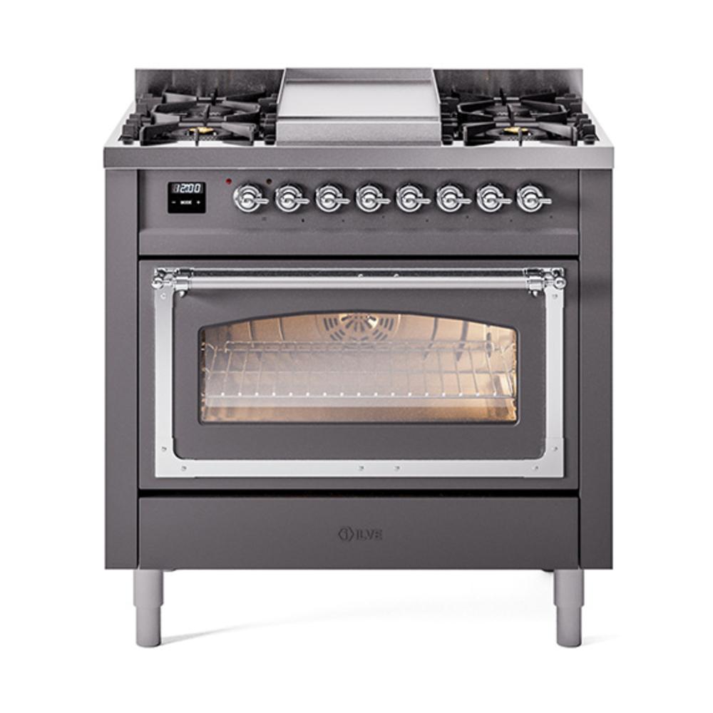 ILVE UN36FNMPMGCLP Nostalgie II Noblesse 36 inch Dual Fuel Range (Liquid Propane, Triple Glass Door, Graphite Matte, Chrome)