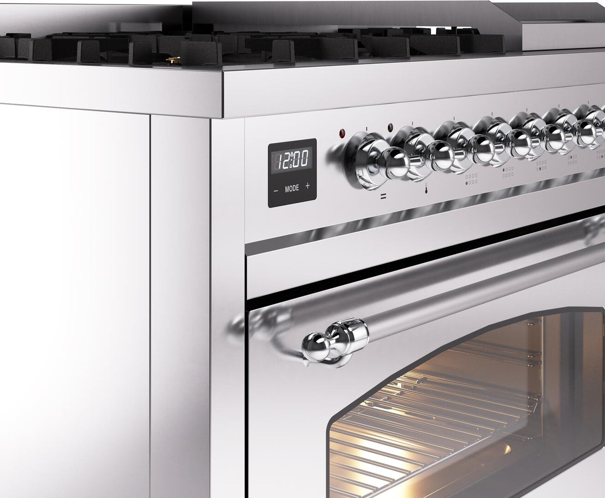Nostalgie II 48 Inch Dual Fuel Natural Gas Freestanding Range in Stainless Steel with Chrome Trim