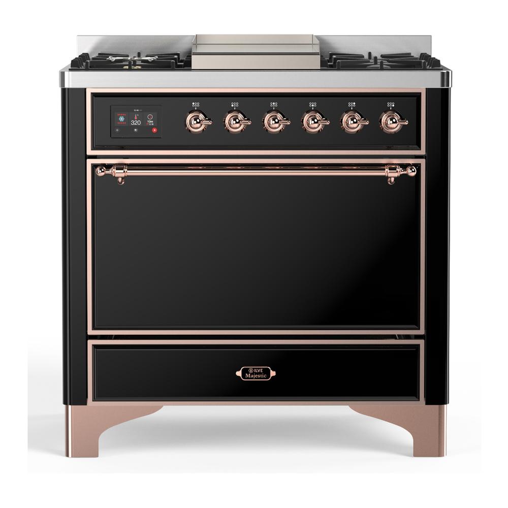 ILVE UM36FQNR3BKPLP Majestic III 36 inch Dual Fuel Range with 6 Black Brass Burners and Griddle, Dual Function Burner up to 25,000 BTU (Solid Door, Glossy Black, Copper, Liquid Propane)
