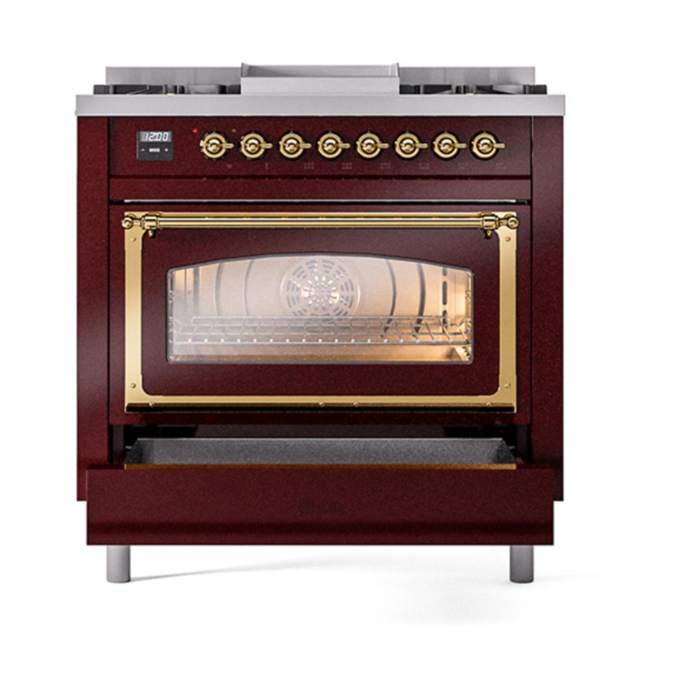 ILVE UN36FNMPBUG Nostalgie II Noblesse 36 inch Dual Fuel Range (Natural Gas, Triple Glass Door, Burgundy, Brass)