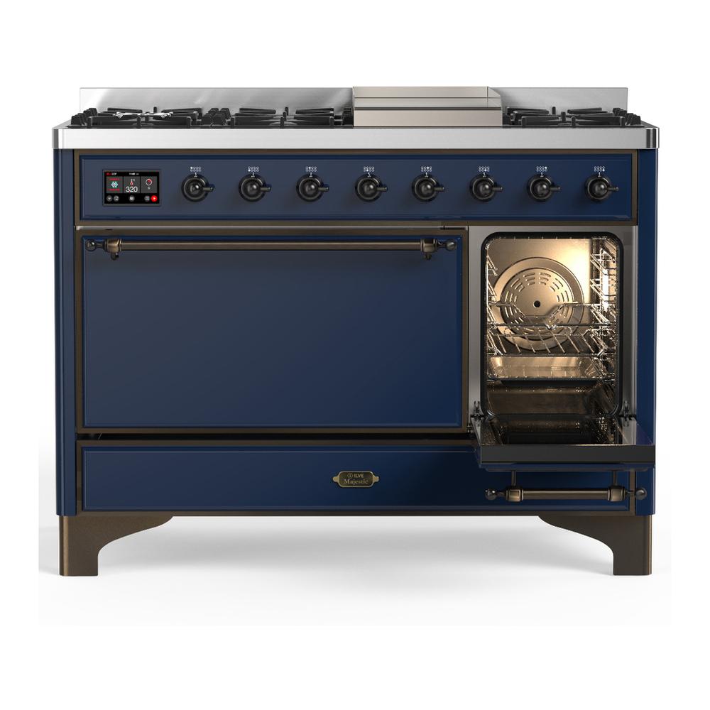 ILVE UM48FQNR3MBBLP Majestic III 48 inch Dual Fuel Range with 8 Burners and Griddle, Dual Function Burner up to 25,000 BTU (Liquid Propane, Solid Door, Midnight Blue, Burnished)