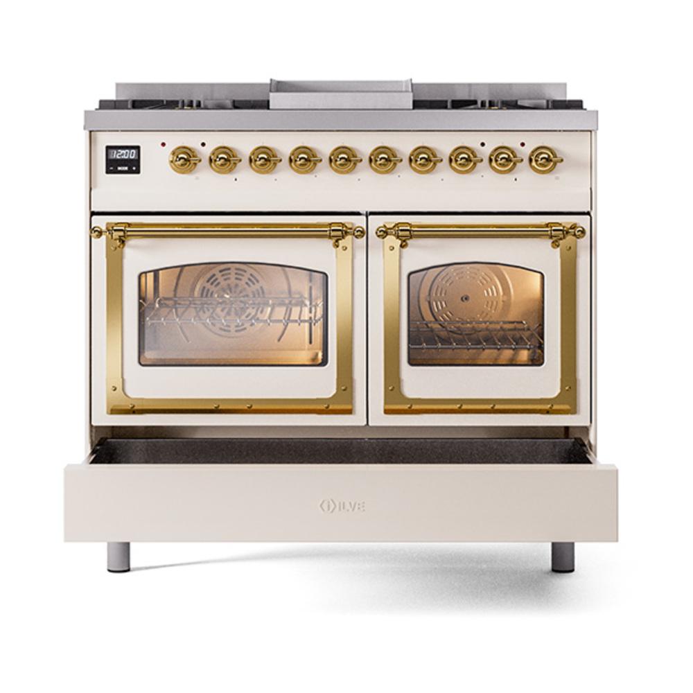 ILVE UND40FNMPAWG Nostalgie II Noblesse 40 inch Dual Fuel Range (Natural Gas, Triple Glass Door, Antique White, Brass)
