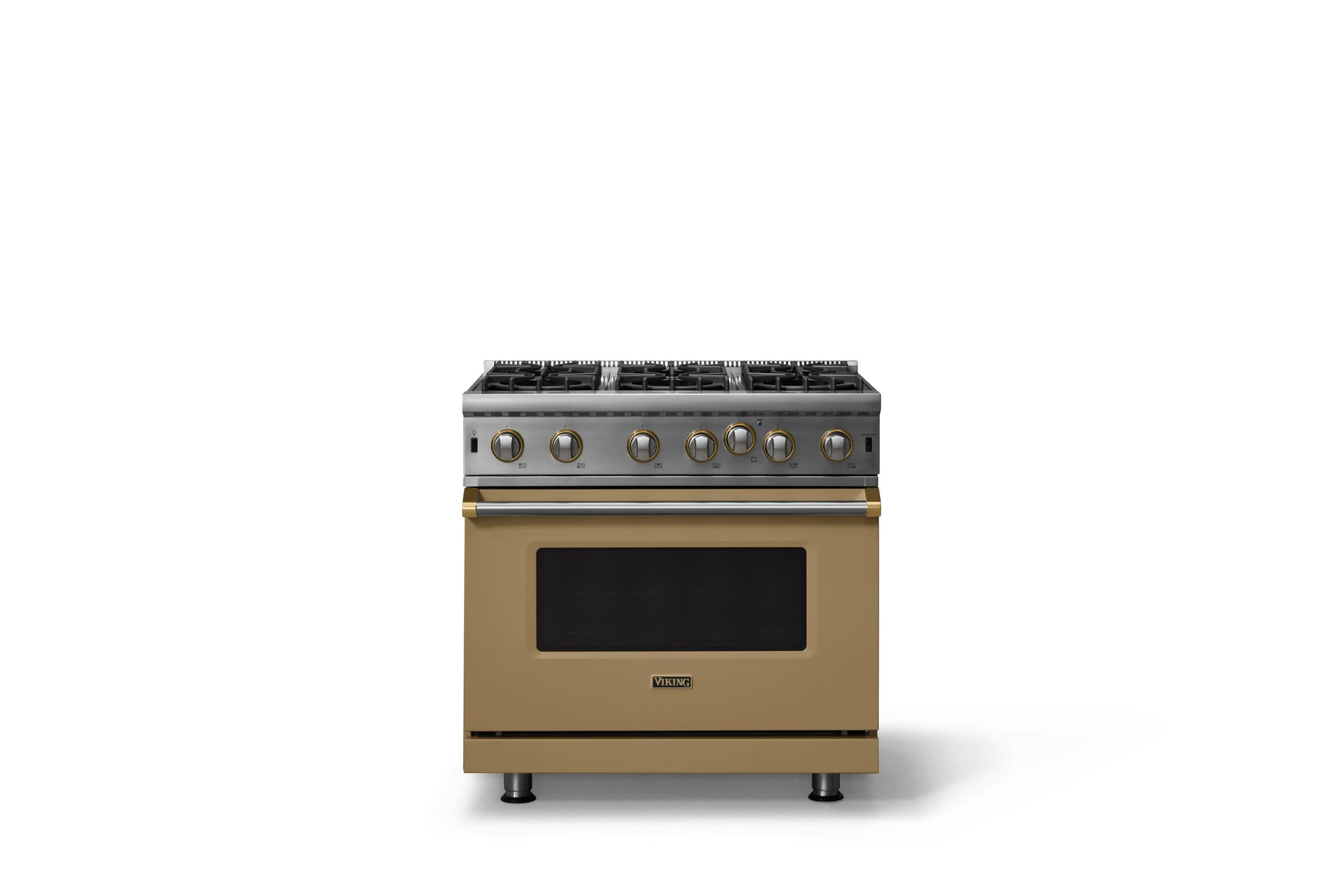 36"W. Open Burner Gas Range (Finish: Golden Hour, Trim: Brushed Brass, Fuel: Propane)