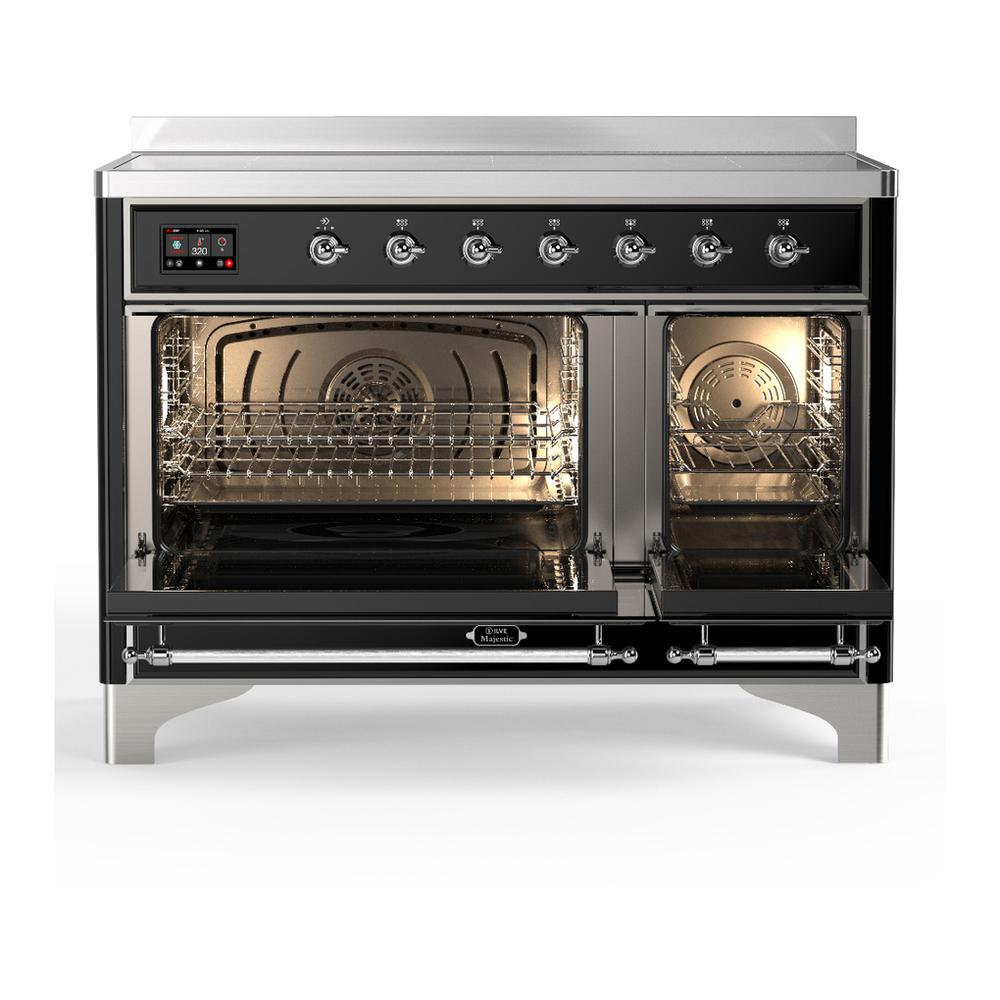 ILVE UMIB48QNR3BKC Majestic III 48 inch Induction Range with 6 Elements, 5.02 cu. ft. Total Oven Capacity (Solid Door, Glossy Black, Chrome)