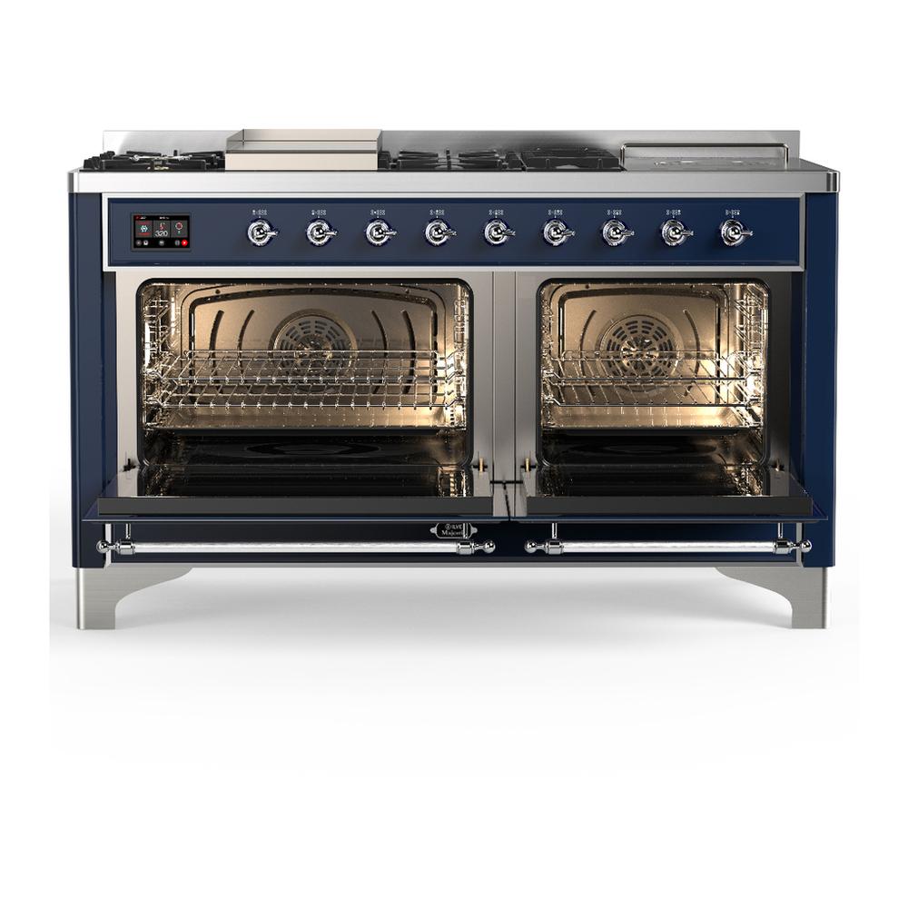 ILVE UM60FSQNR3MBCLP Majestic III 60 inch Dual Fuel Range with 7 Burners, Griddle and French Top, Dual Function Burner with up to 25,000 BTU (Liquid Propane, Solid Door, Midnight Blue, Chrome)