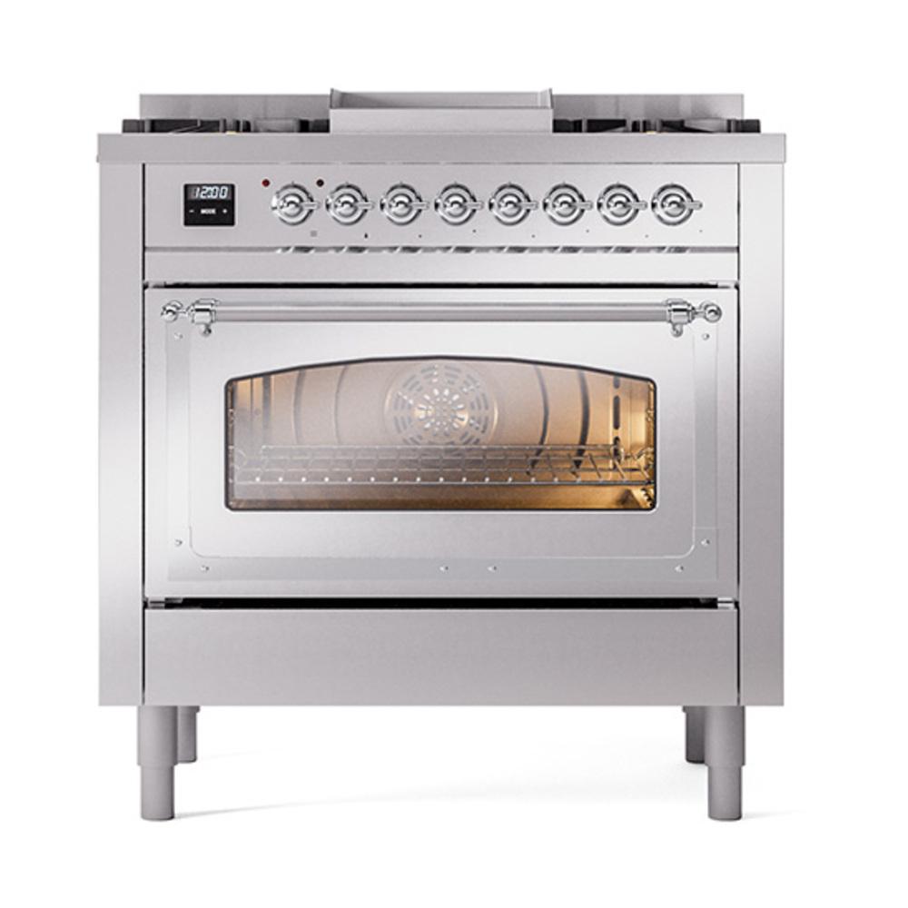 ILVE UN36FNMPSSC Nostalgie II Noblesse 36 inch Dual Fuel Range (Natural Gas, Triple Glass Door, Stainless Steel, Chrome)