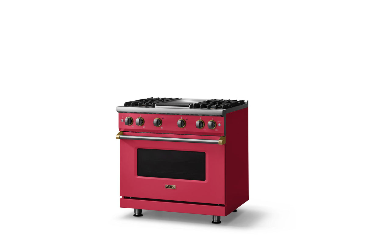 36"W. Sealed Burner Gas Range (Burner: 4g, Finish: Valentine, Trim: Brushed Brass, Fuel: Propane)