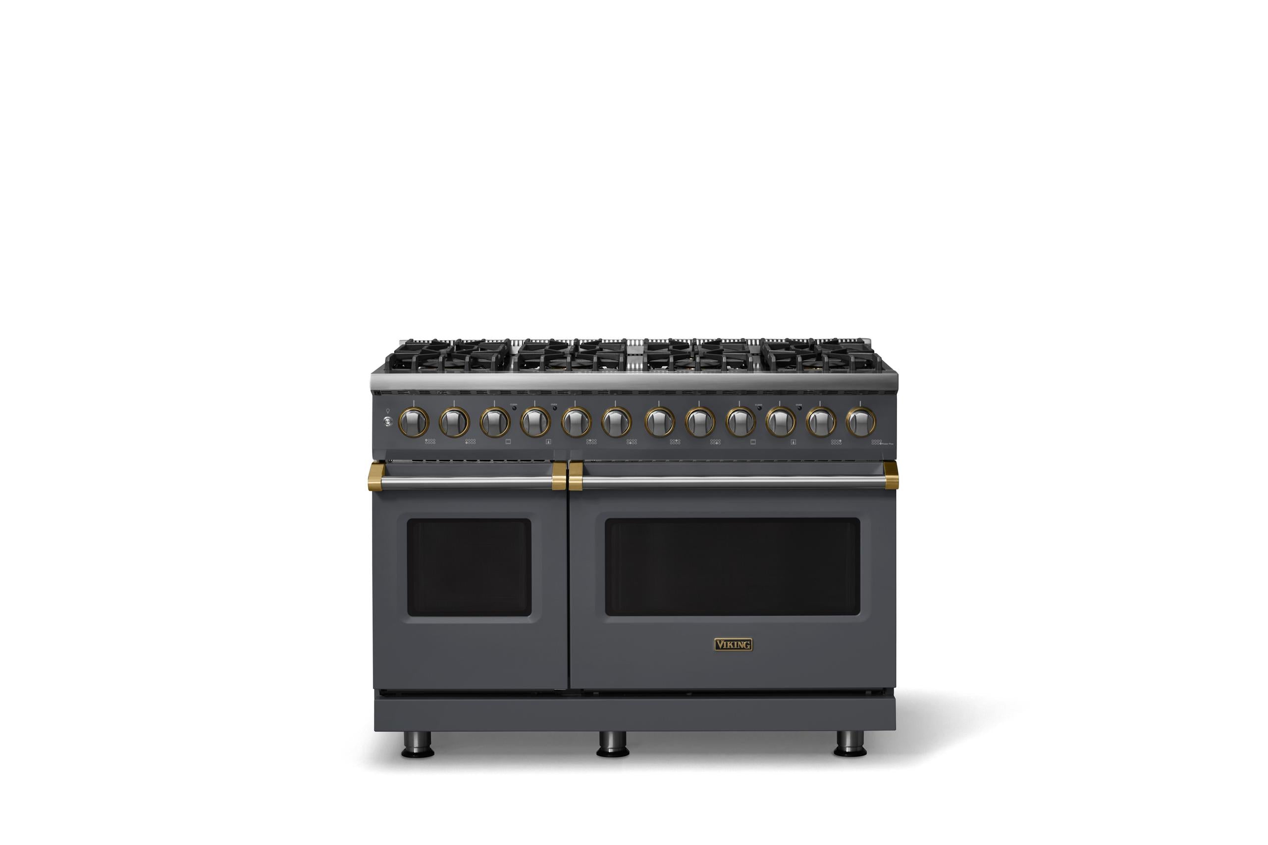 48"W. Dual Fuel Range (Burner: 8b, Finish: Cast Black, Trim: Brushed Brass, Fuel: Propane)