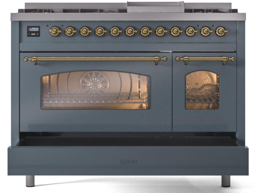 Nostalgie II 48 Inch Dual Fuel Natural Gas Freestanding Range in Blue Grey with Brass Trim