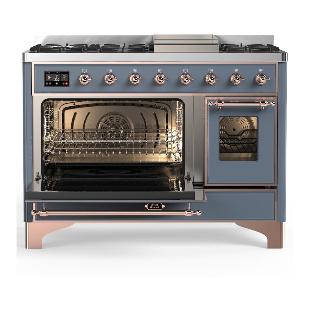 ILVE UM48FNR3BGPLP Majestic III 48 inch Dual Fuel Range with 8 Burners and Griddle, Dual Function Burner up to 25,000 BTU (Liquid Propane, Triple Glass Door, Blue Grey, Copper)