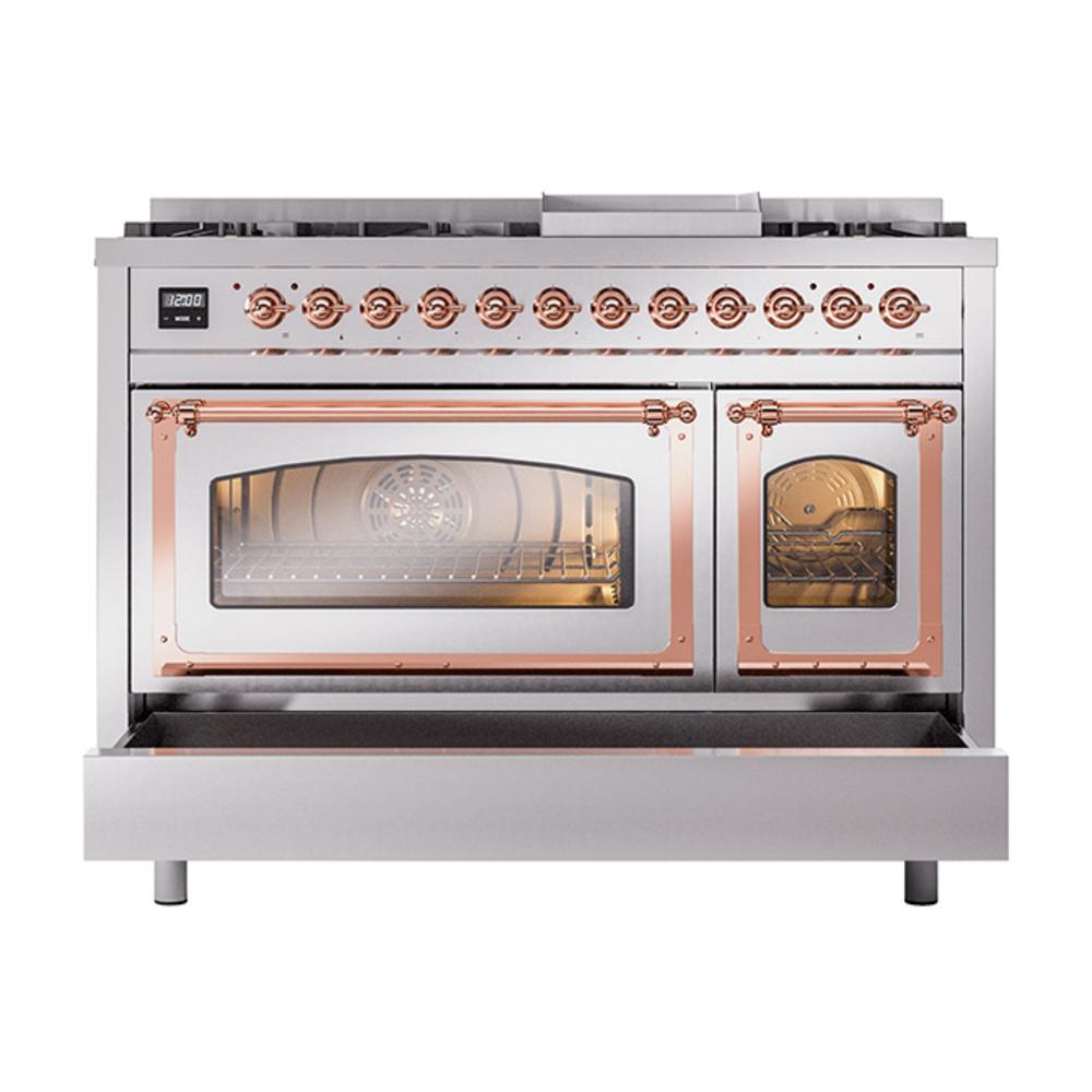 ILVE UN48FNMPSSPLP Nostalgie II Noblesse 48 inch Dual Fuel Range (8 Sealed Burners + Griddle, Liquid Propane, Triple Glass Door, Stainless Steel, Copper)