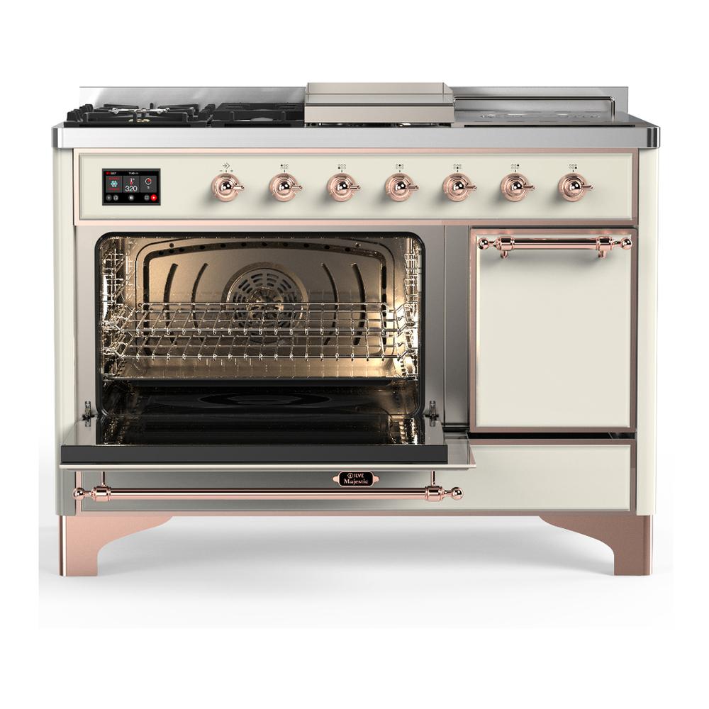 ILVE UM48FSQNR3AWP Majestic III 48 inch Dual Fuel Range with 5 Black Brass Burners, Griddle and French Top, Dual Function Burner up to 25,000 BTU (Natural Gas, Solid Door, Antique White, Copper)