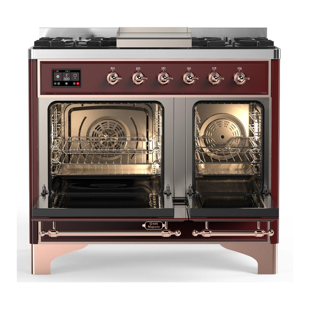 ILVE UMD40FQNR3BUPLP Majestic III 40 inch Dual Fuel Range with 6 Burners and Griddle, Dual Function Burner up to 25,000 BTU (Liquid Propane, Solid Door, Burgundy, Copper)