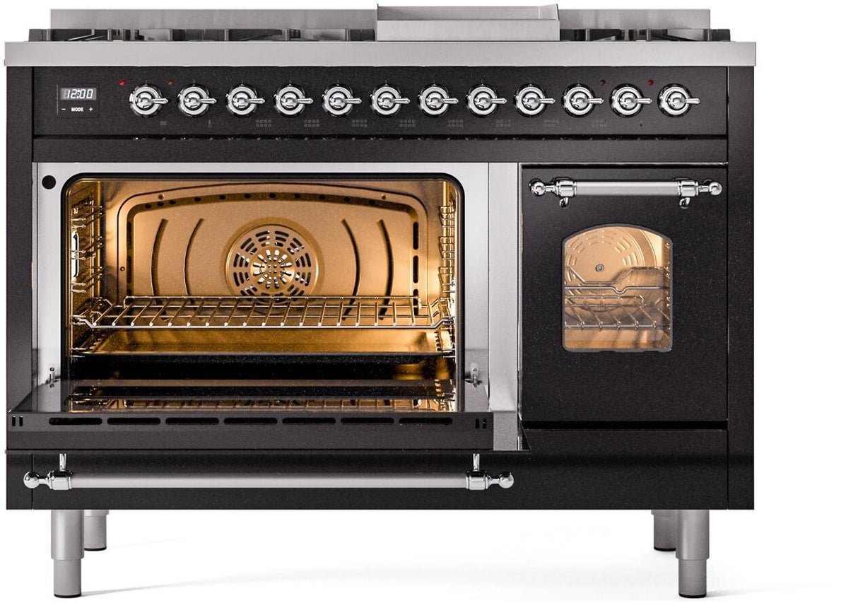 Nostalgie II 48 Inch Dual Fuel Natural Gas Freestanding Range in Glossy Black with Chrome Trim