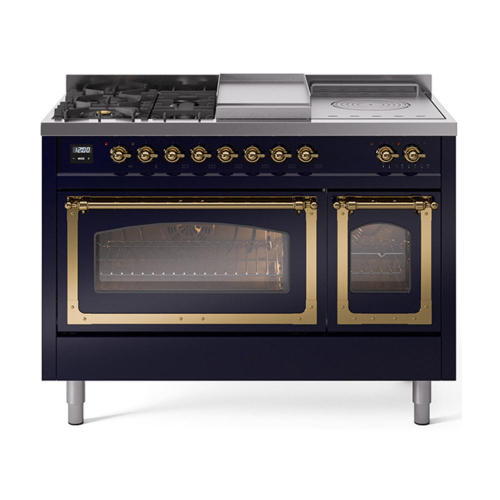 ILVE UN48FSNMPMBG Nostalgie II Noblesse 48 inch Dual Fuel Range (5 Sealed Burners + Griddle + French Top, Natural Gas, Triple Glass Door, Midnight Blue, Brass)
