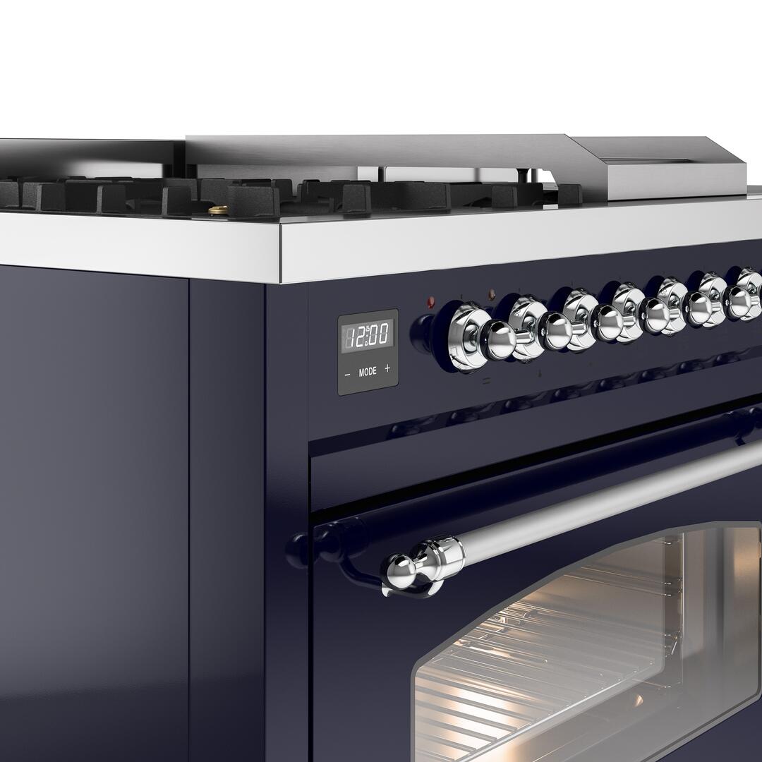 Nostalgie II 48 Inch Dual Fuel Natural Gas Freestanding Range in Blue with Chrome Trim