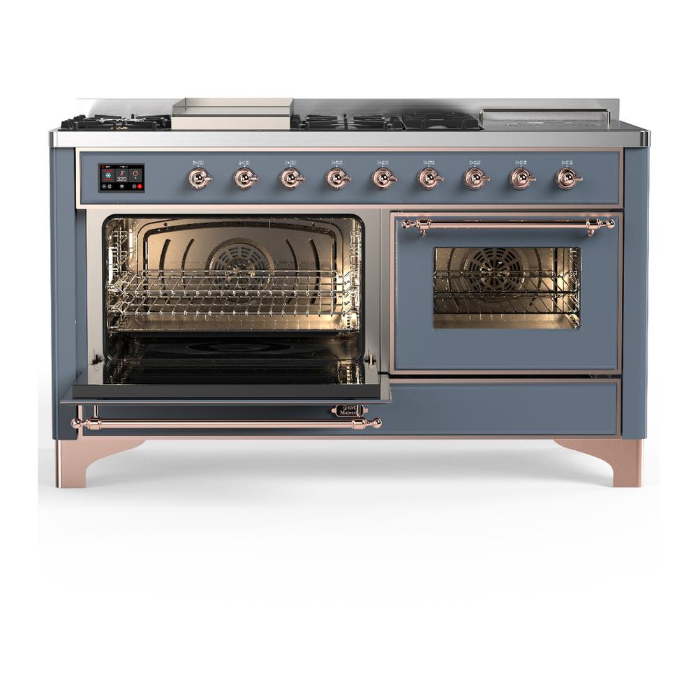 ILVE UM60FSNR3BGPLP Majestic III 60 inch Dual Fuel Range with 7 Burners, Griddle and French Top, Dual Function Burner with up to 25,000 BTU (Liquid Propane, Triple Glass Door, Blue Grey, Copper)