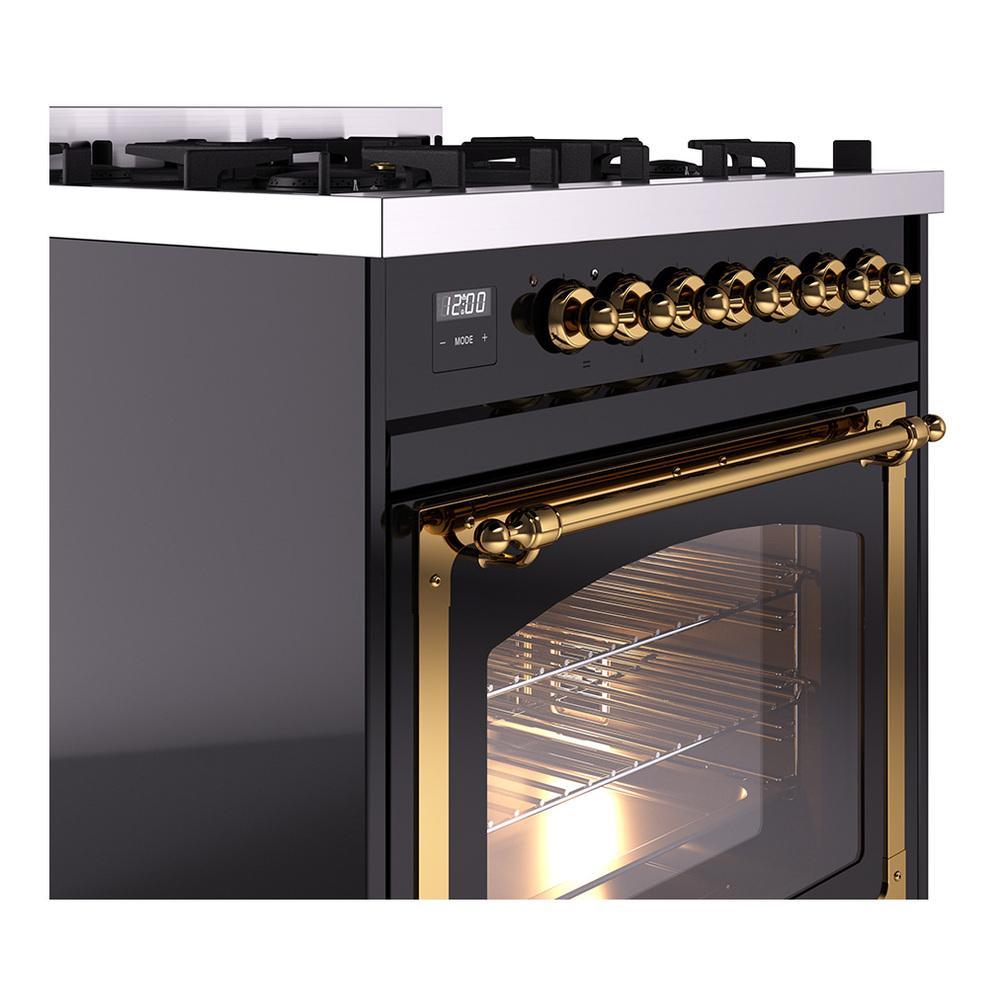 ILVE UN30NMPBKGLP Nostalgie II Noblesse 30 inch Dual Fuel Range (Liquid Propane, Triple Glass Door, Glossy Black, Brass)