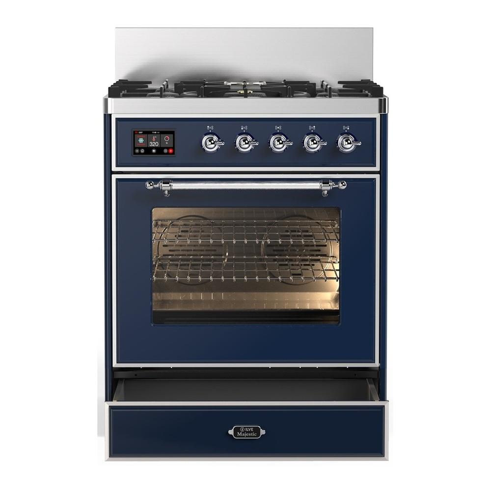 ILVE UM30NR3MBCLP Majestic III 30 inch Dual Fuel Range with 5 Black Brass Burners, Dual Function Burner up to 25,000 BTU (Liquid Propane, Triple Glass Door, Midnight Blue, Chrome)