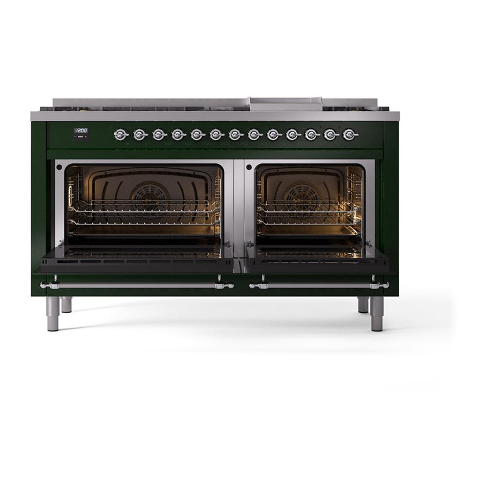 ILVE UN60FNMPEGC Nostalgie II Noblesse 60 inch Dual Fuel Range (9 Sealed Burners + Griddle, Natural Gas, Triple Glass Door, Emerald Green, Chrome)