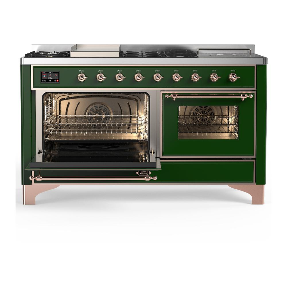 ILVE UM60FSNR3EGPLP Majestic III 60 inch Dual Fuel Range with 7 Burners, Griddle and French Top, Dual Function Burner with up to 25,000 BTU (Liquid Propane, Triple Glass Door, Emerald Green, Copper)