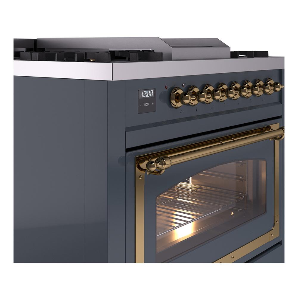 ILVE UN36FNMPBGGLP Nostalgie II Noblesse 36 inch Dual Fuel Range (Liquid Propane, Triple Glass Door, Blue Grey, Brass)
