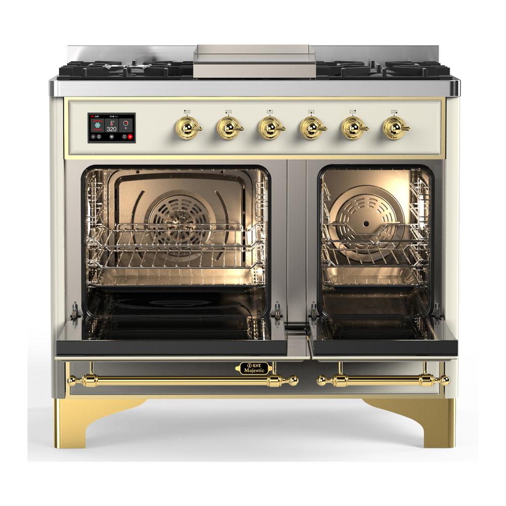 ILVE UMD40FQNR3AWGLP Majestic III 40 inch Dual Fuel Range with 6 Burners and Griddle, Dual Function Burner up to 25,000 BTU (Liquid Propane, Solid Door, Antique White, Brass)