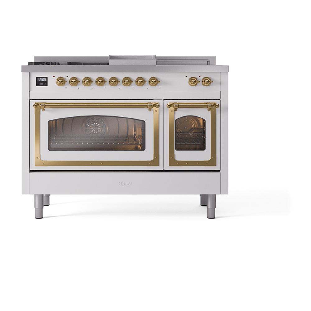 ILVE UN48FSNMPWHG Nostalgie II Noblesse 48 inch Dual Fuel Range (5 Sealed Burners + Griddle + French Top, Natural Gas, Triple Glass Door, White, Brass)