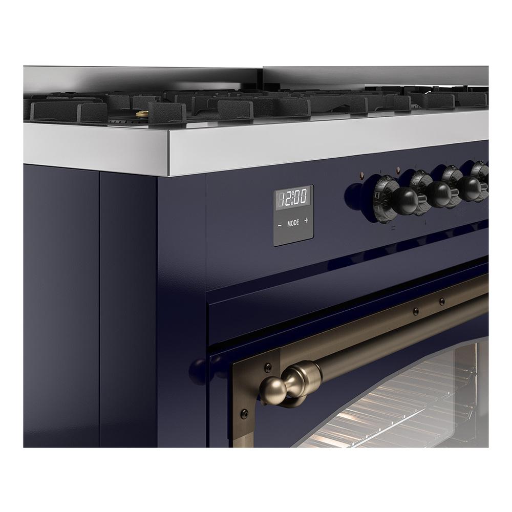 ILVE UN60FNMPMBBLP Nostalgie II Noblesse 60 inch Dual Fuel Range (9 Sealed Burners + Griddle, Liquid Propane, Triple Glass Door, Midnight Blue, Burnished)