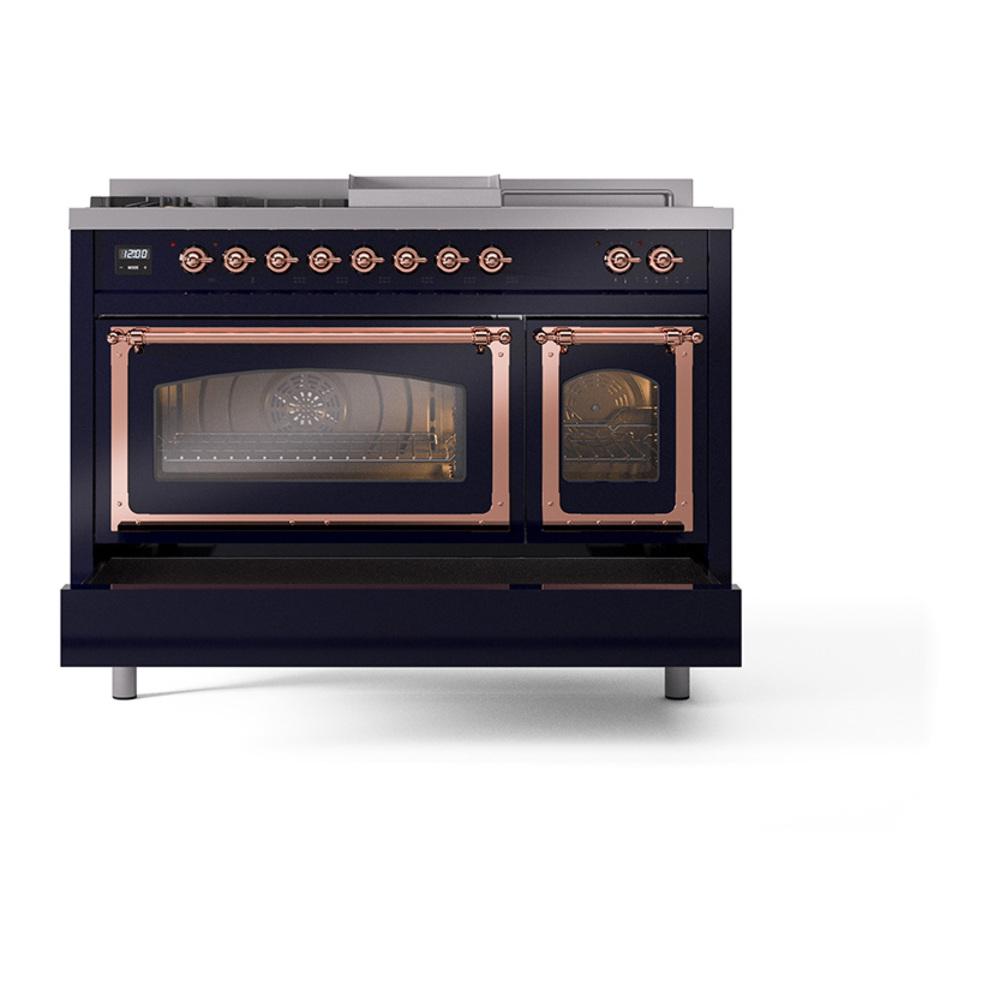 ILVE UN48FSNMPMBPLP Nostalgie II Noblesse 48 inch Dual Fuel Range (5 Sealed Burners + Griddle + French Top, Liquid Propane, Triple Glass Door, Midnight Blue, Copper)