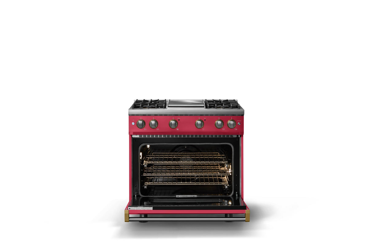 36"W. Sealed Burner Gas Range (Burner: 4g, Finish: Valentine, Trim: Brushed Brass, Fuel: Propane)