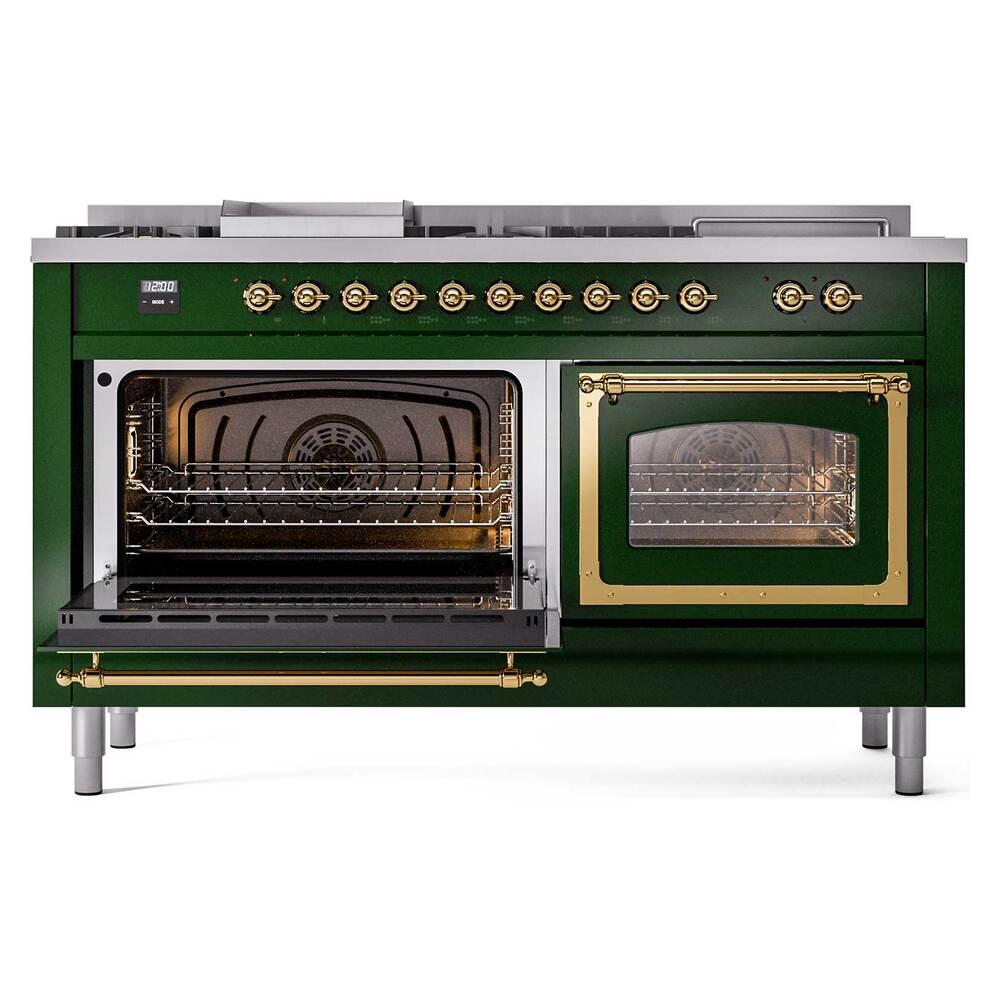 ILVE UN60FSNMPEGG Nostalgie II Noblesse 60 inch Dual Fuel Range (7 Sealed Burners + Griddle + French Top, Natural Gas, Triple Glass Door, Emerald Green, Brass)