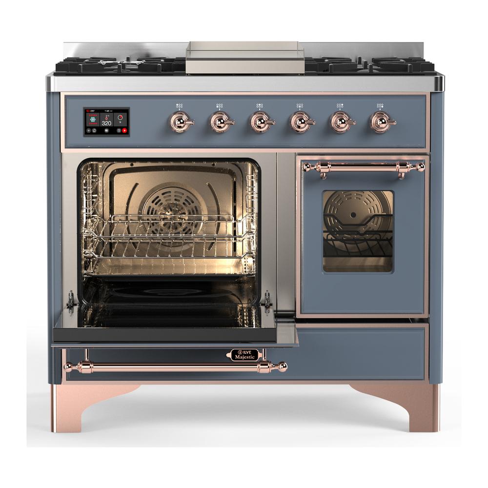 ILVE UMD40FNR3BGPLP Majestic III 40 inch Dual Fuel Range with 6 Burners and Griddle, Dual Function Burner up to 25,000 BTU (Liquid Propane, Triple Glass Door, Blue Grey, Copper)