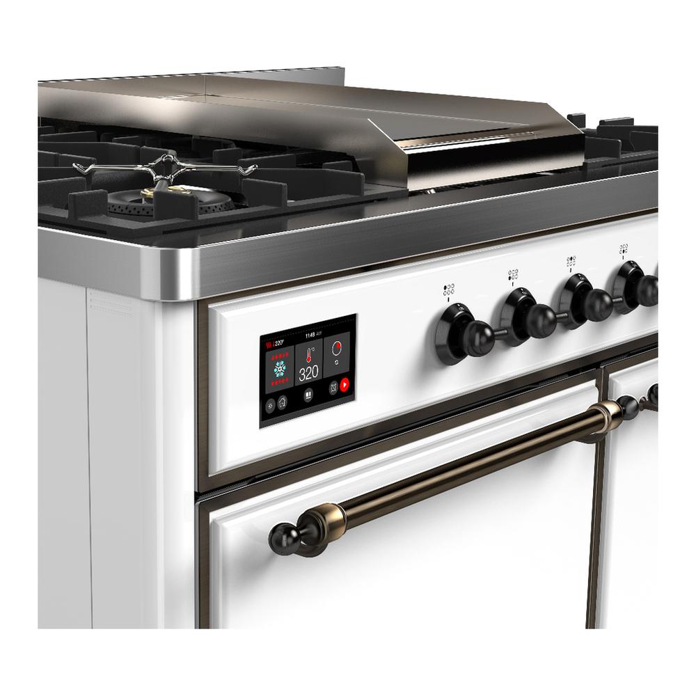 ILVE UMD40FQNR3WHBLP Majestic III 40 inch Dual Fuel Range with 6 Burners and Griddle, Dual Function Burner up to 25,000 BTU (Liquid Propane, Solid Door, White, Burnished)