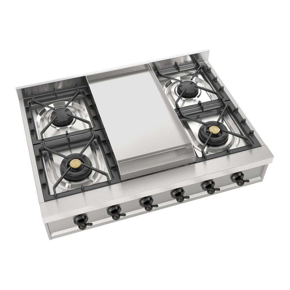 ILVE UHCP36FNSSB Nostalgie II 36 inch Built-In Gas Rangetop with 6 Burners and Griddle, in Stainless Steel (Natural Gas, Burnished)