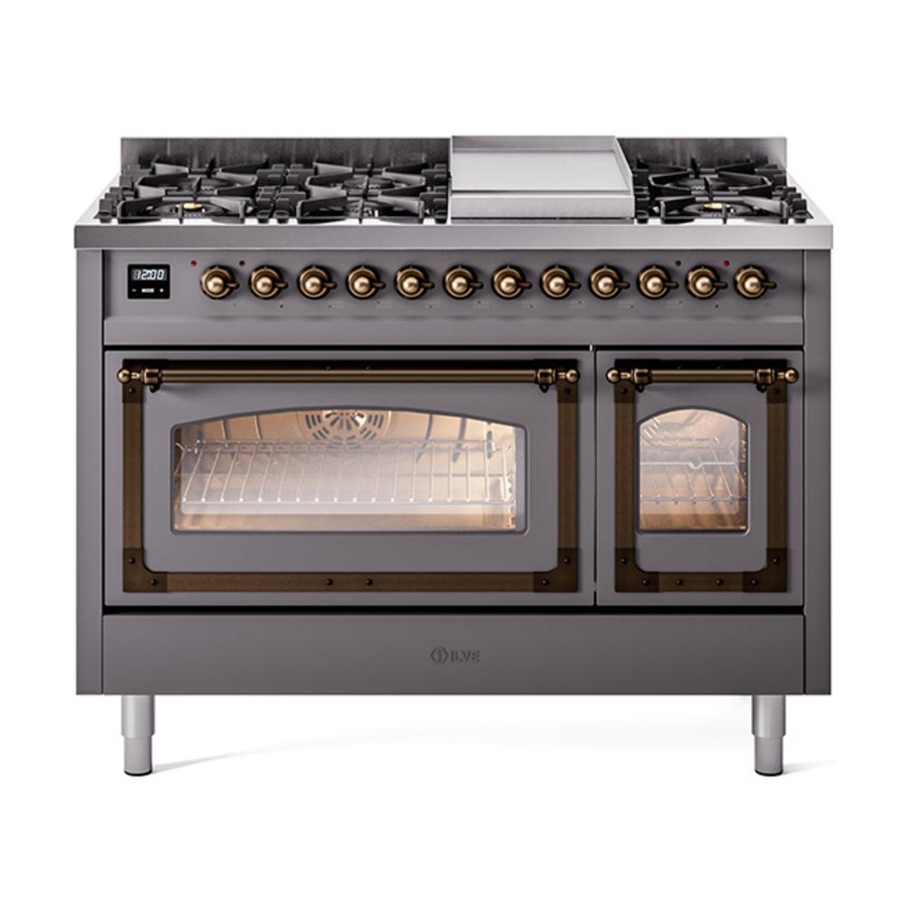 ILVE UN48FNMPMGB Nostalgie II Noblesse 48 inch Dual Fuel Range (8 Sealed Burners + Griddle, Natural Gas, Triple Glass Door, Graphite Matte, Burnished)