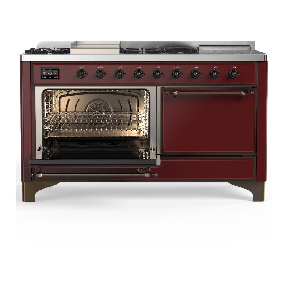 ILVE UM60FSQNR3BUB Majestic III 60 inch Dual Fuel Range with 7 Burners, Griddle and French Top, Dual Function Burner with up to 25,000 BTU (Natural Gas, Solid Door, Burgundy, Burnished)