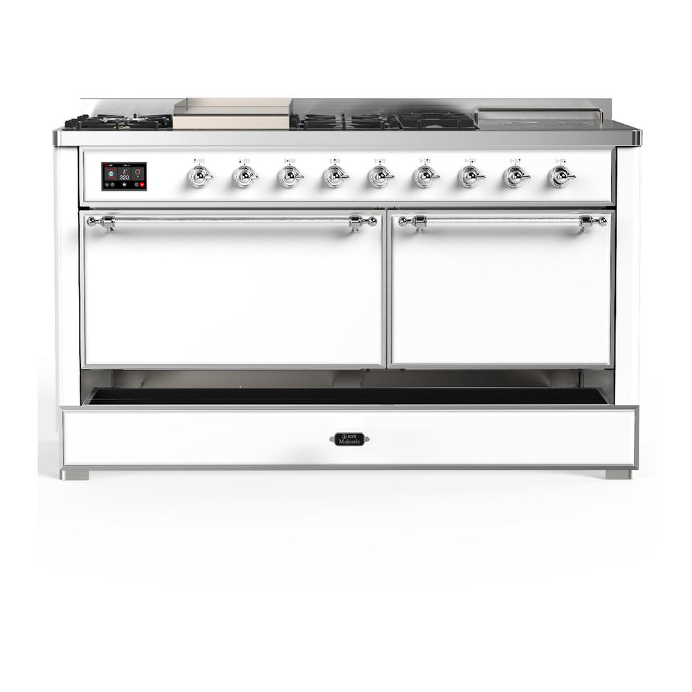 ILVE UM60FSQNR3WHC Majestic III 60 inch Dual Fuel Range with 7 Burners, Griddle and French Top, Dual Function Burner with up to 25,000 BTU (Natural Gas, Solid Door, White, Chrome)