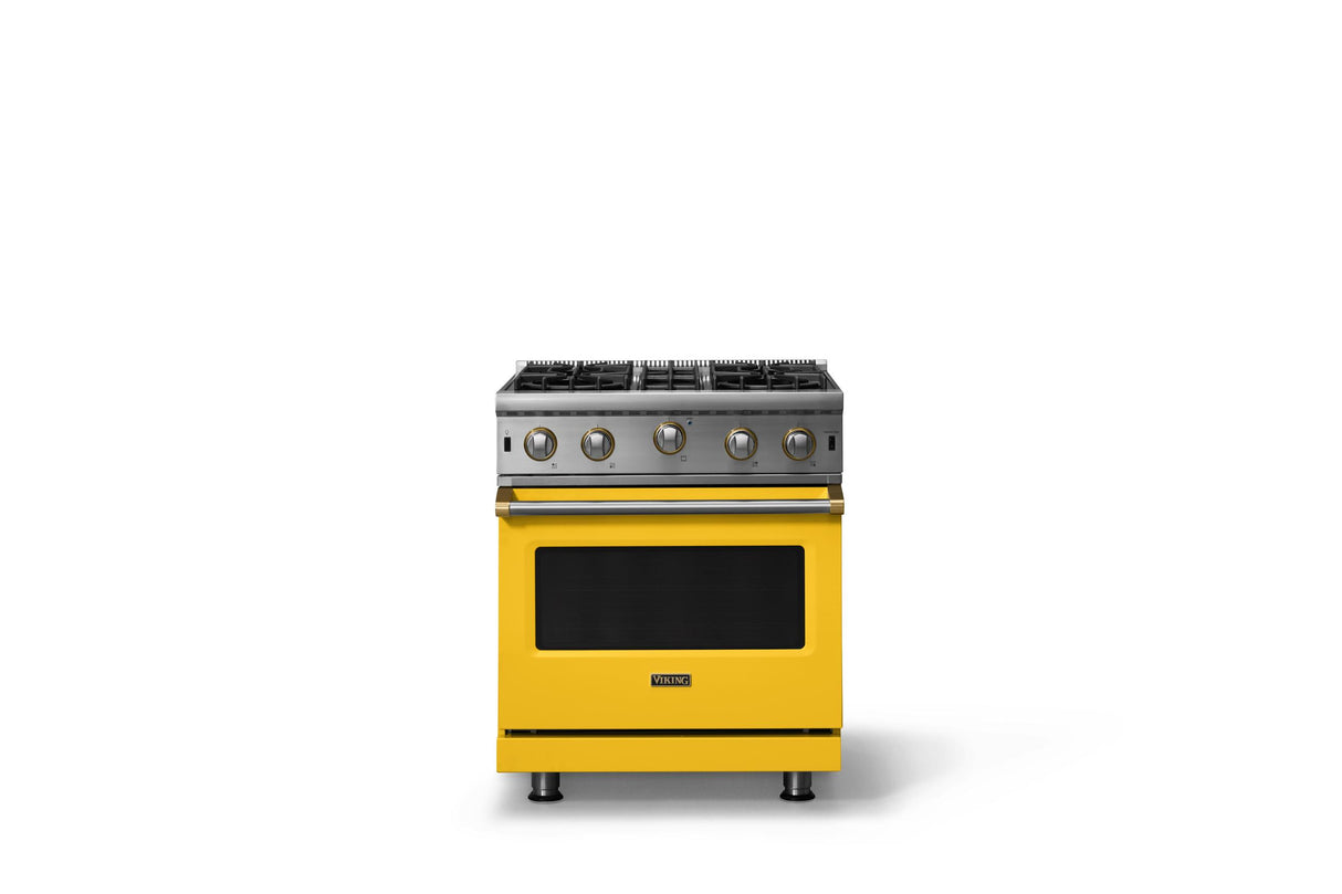30"W. Open Burner Gas Range (Finish: Daffodil, Trim: Brushed Brass, Fuel: Propane)