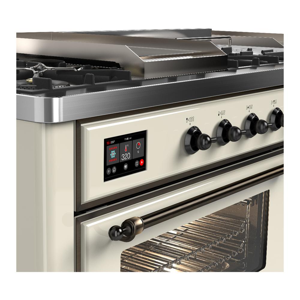 ILVE UM60FSNR3AWBLP Majestic III 60 inch Dual Fuel Range with 7 Burners, Griddle and French Top, Dual Function Burner with up to 25,000 BTU (Liquid Propane, Triple Glass Door, Antique White, Burnished)