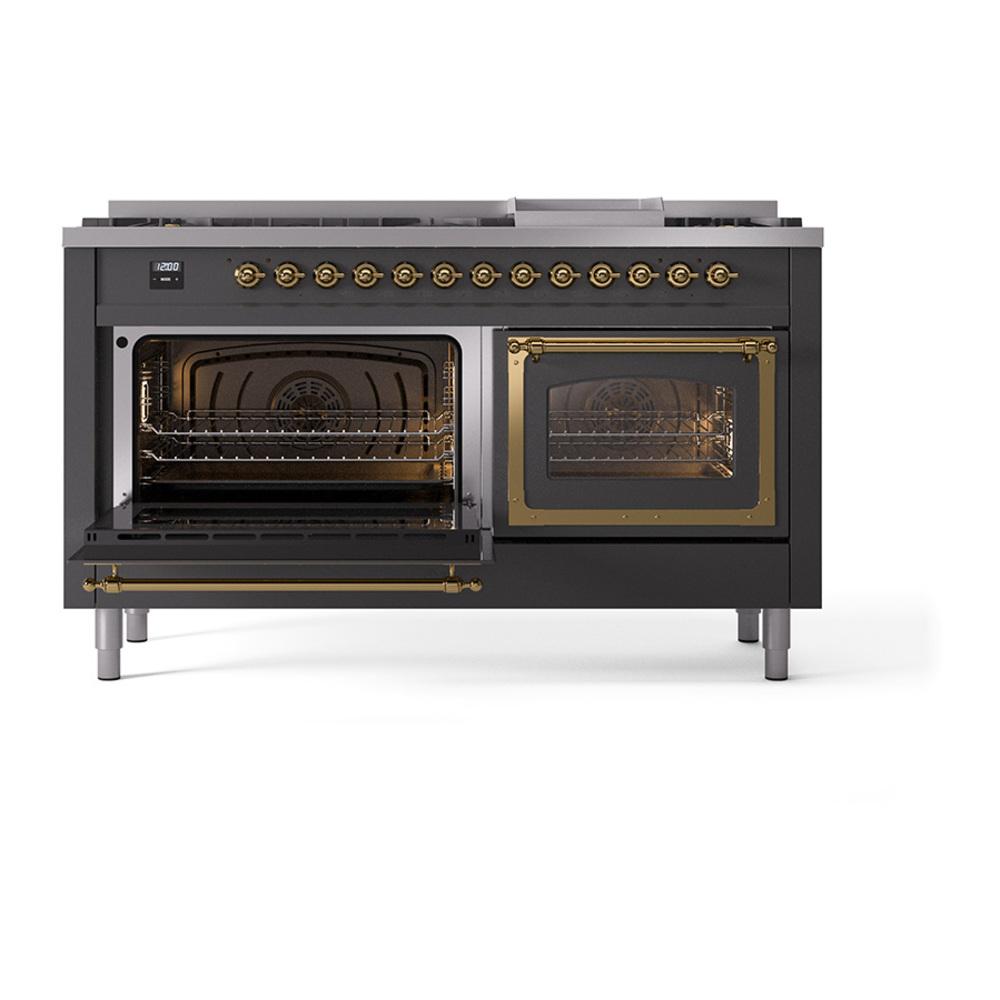 ILVE UN60FNMPMGGLP Nostalgie II Noblesse 60 inch Dual Fuel Range (9 Sealed Burners + Griddle, Liquid Propane, Triple Glass Door, Graphite Matte, Brass)