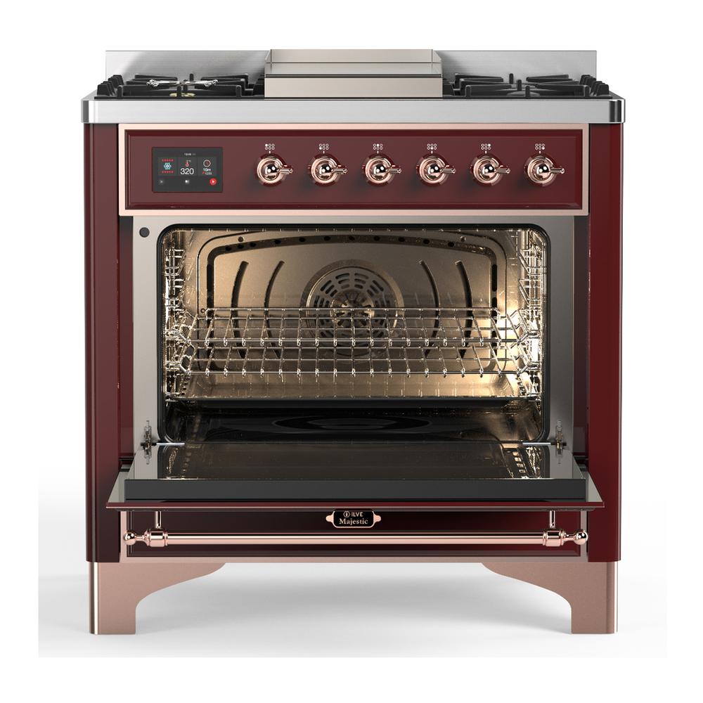 ILVE UM36FNR3BUP Majestic III 36 inch Dual Fuel Range with 6 Black Brass Burners and Griddle, Dual Function Burner up to 25,000 BTU (Triple Glass Door, Burgundy, Copper, Natural Gas)