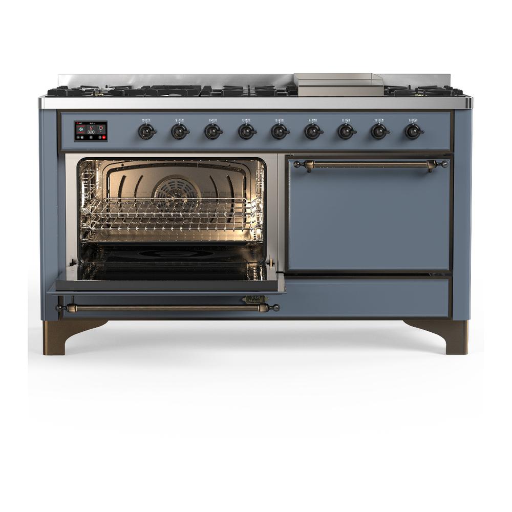 ILVE UM60FQNR3BGB Majestic III 60 inch Dual Fuel Range with 9 Burners and Griddle, Dual Function Burner up to 25,000 BTU (Natural Gas, Solid Door, Blue Grey, Burnished)